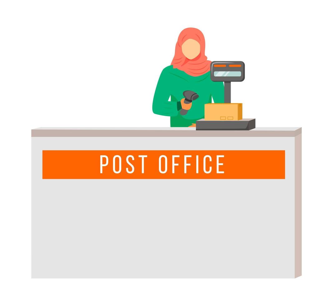 lavoratrice dell'ufficio postale con illustrazione vettoriale di colore piatto hijab. la donna controlla e scansiona i pacchi. processo di consegna del servizio post. punto di raccolta isolato personaggio dei cartoni animati su sfondo bianco