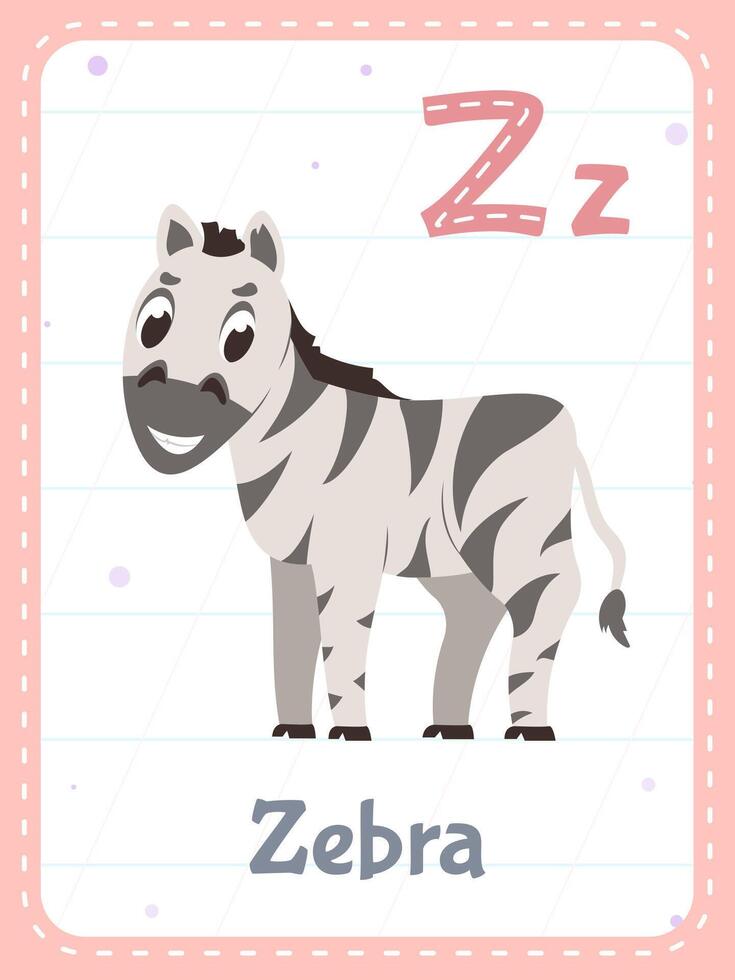 alfabeto stampabile flashcard con lettera z. cartone animato carino a strisce zebra animale e inglese parola su veloce carta per bambini formazione scolastica. scuola memoria carta per scuola materna bambini piatto illustrazione. vettore