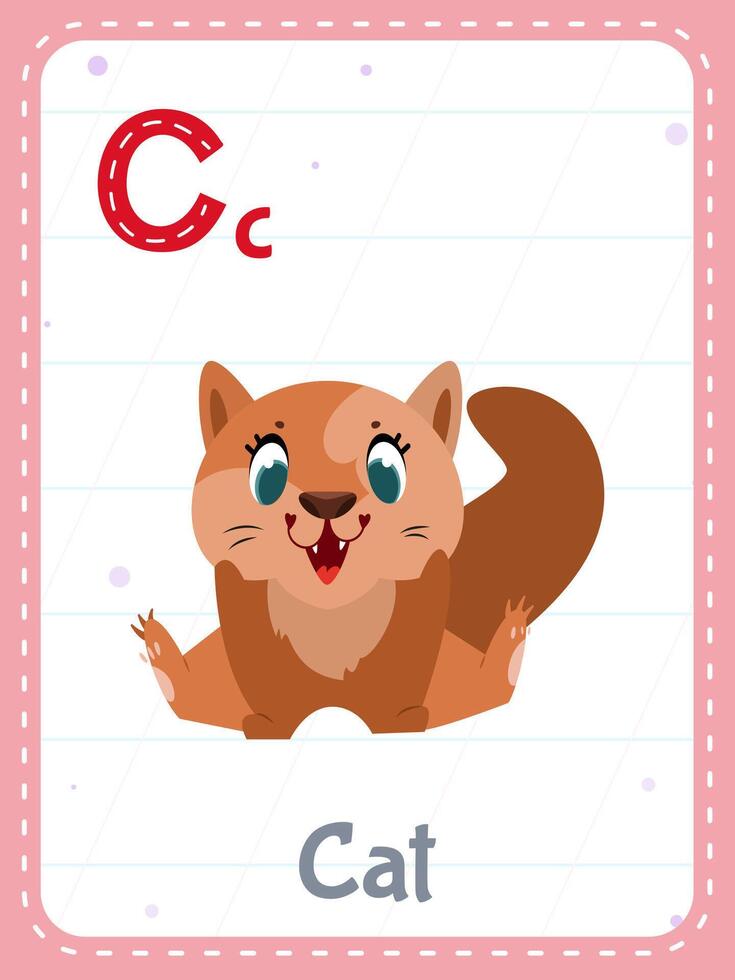 alfabeto stampabile flashcard con lettera c. cartone animato carino gatto animale immagine e inglese parola su veloce carta per bambini formazione scolastica. scuola memoria carte per scuola materna bambini piatto illustrazione. vettore