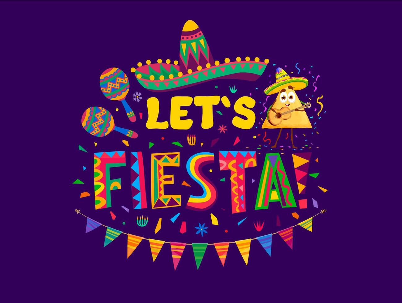 permettere noi fiesta messicano Citazione, colorato lettering vettore