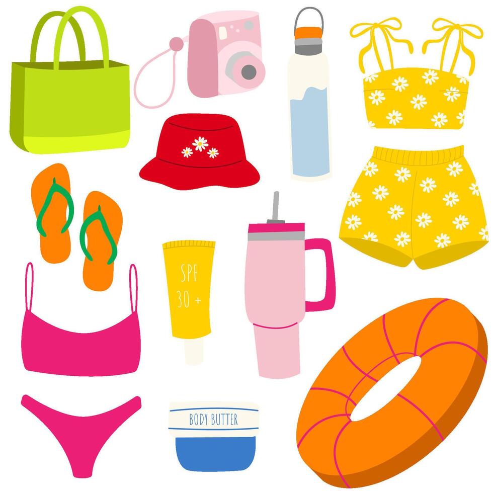 impostato di estate elementi, viaggiare, spiaggia, estate accessorio. tavola da surf, costume da bagno, Panama cappello, acqua bottiglia, crema solare, infradito, spiaggia Borsa, berretto, corpo crema, salvagente. vettore