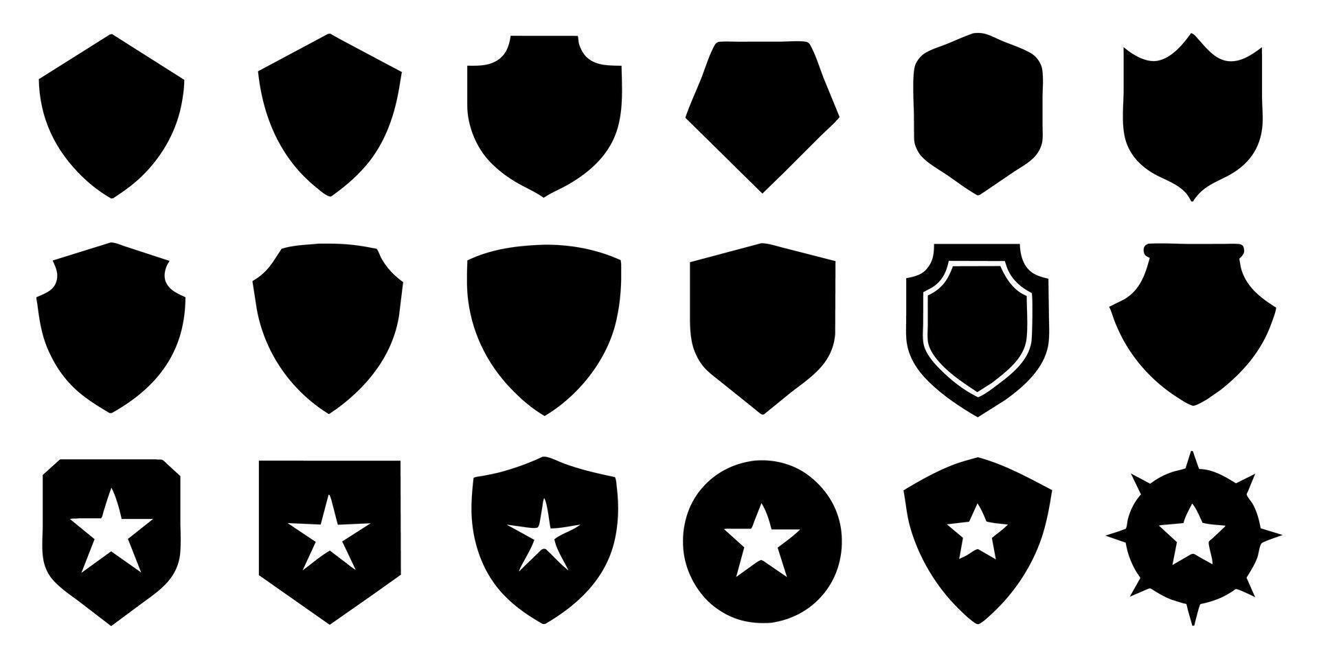 bellissimo impostato di scudi sagome. nero badge forma etichetta collezione per militare, Polizia Stradale, calcio e altri. vettore