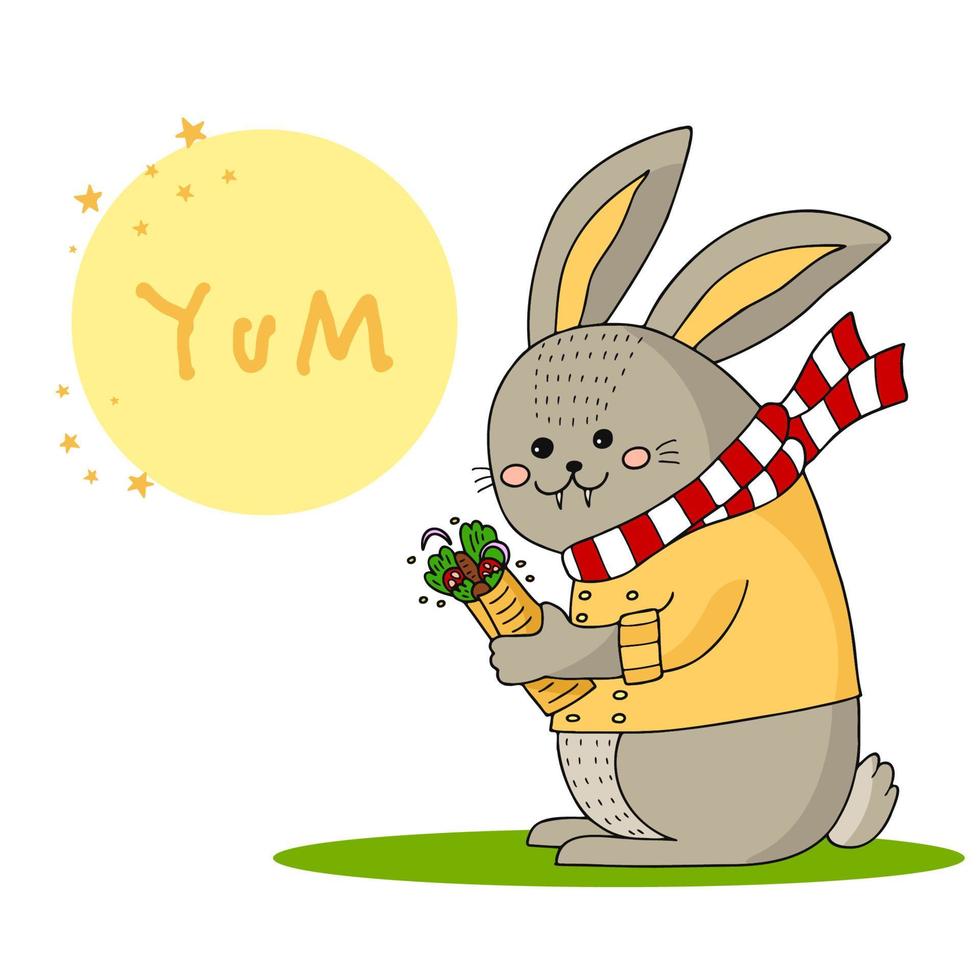 coniglio divertente in una giacca gialla e sciarpa a righe bianche e rosse con shawarma. illustrazione di scarabocchio disegnato a mano. vettore