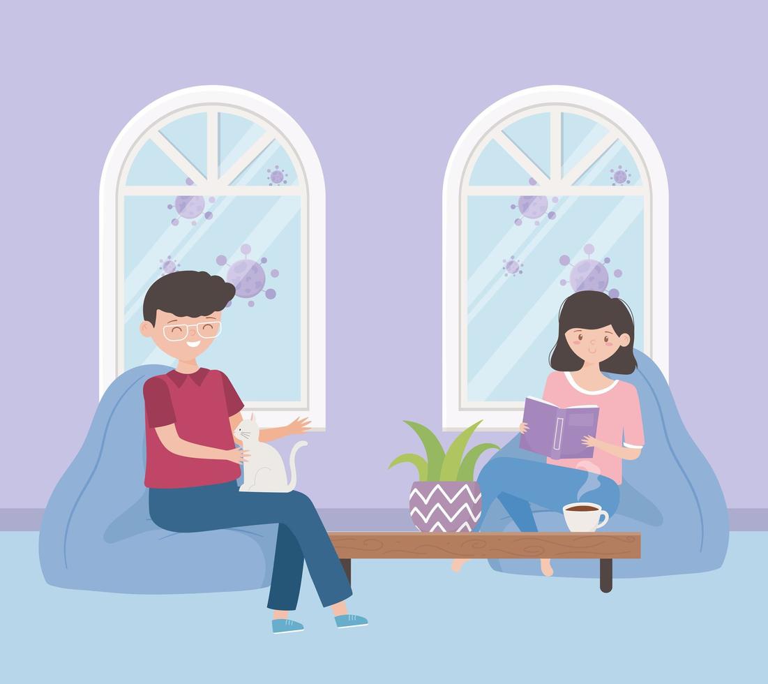 resta a casa, uomo seduto con gatto e ragazza che leggono un libro in soggiorno vettore