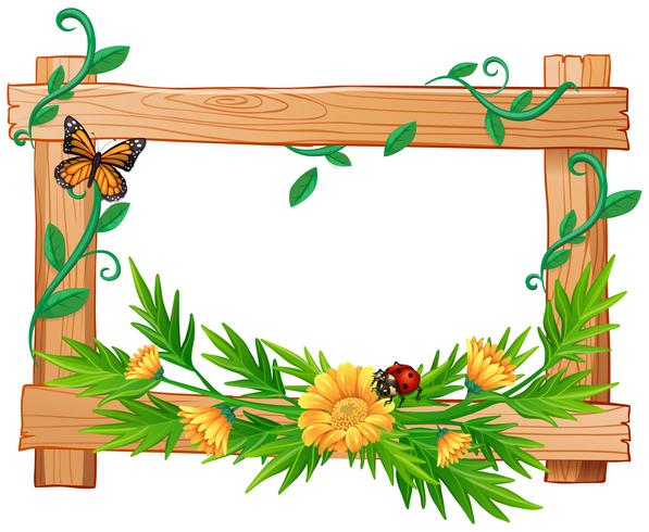 Cornice in legno con fiori e insetti vettore
