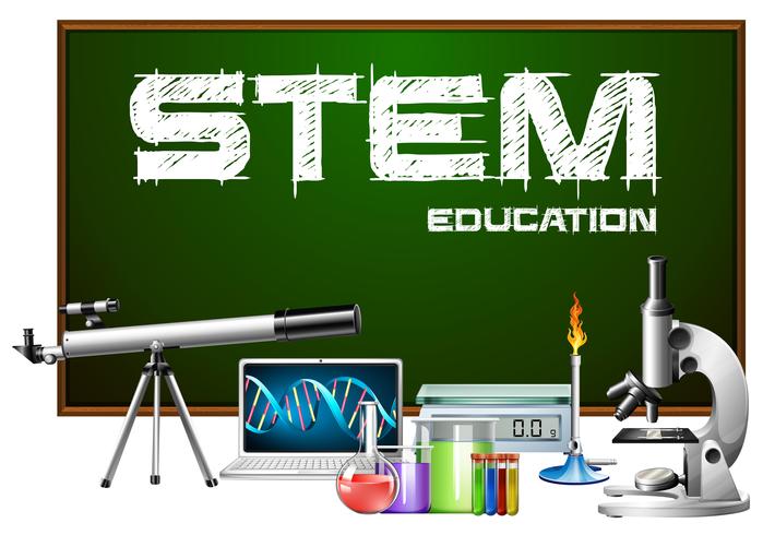 Progettazione di poster di educazione staminali con attrezzature scientifiche vettore