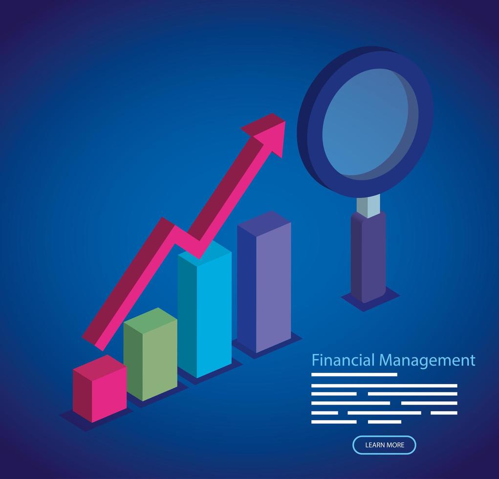 gestione finanziaria con statistiche a barre grafiche e lente di ingrandimento vettore