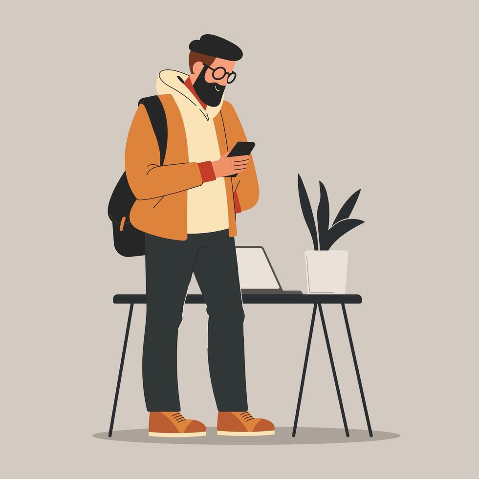 cartone animato personaggio uomo nel beige felpa con cappuccio e arancia giacca uso smartphone nel davanti di il suo posto di lavoro vettore