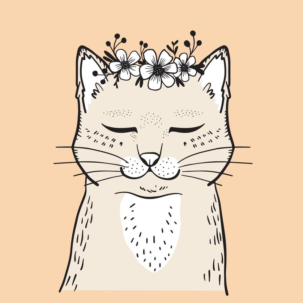 carino mano disegnato gatto con fiori. illustrazione nel scarabocchio stile. vettore