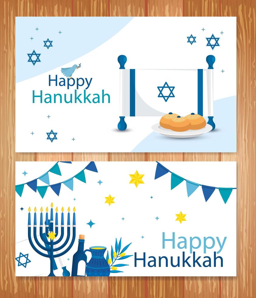 set poster di felice hanukkah con decorazioni vettore