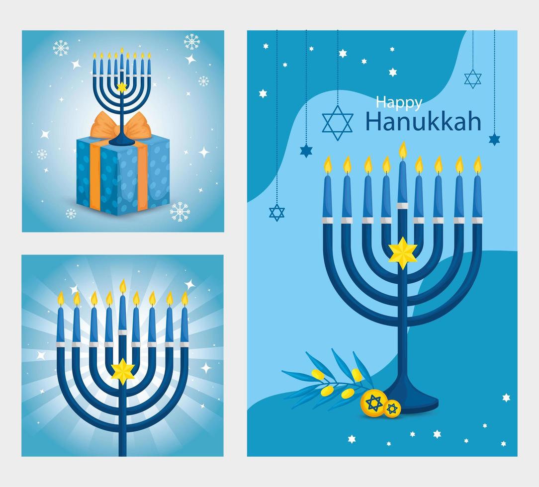 set poster di felice hanukkah con decorazioni vettore
