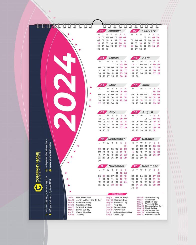 2024 calendario - parete calendario 2024 - uno pagina calendario design - singolo pagina calendario - 12 mesi calendario design vettore