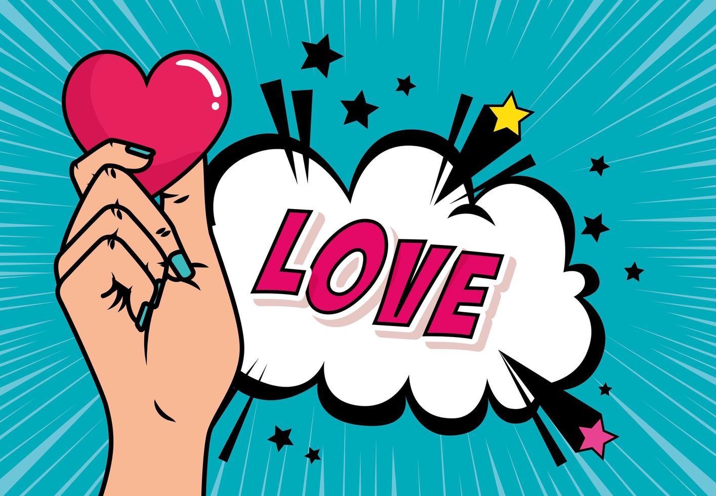 mano e cuore con amore scritte in stile pop art vettore