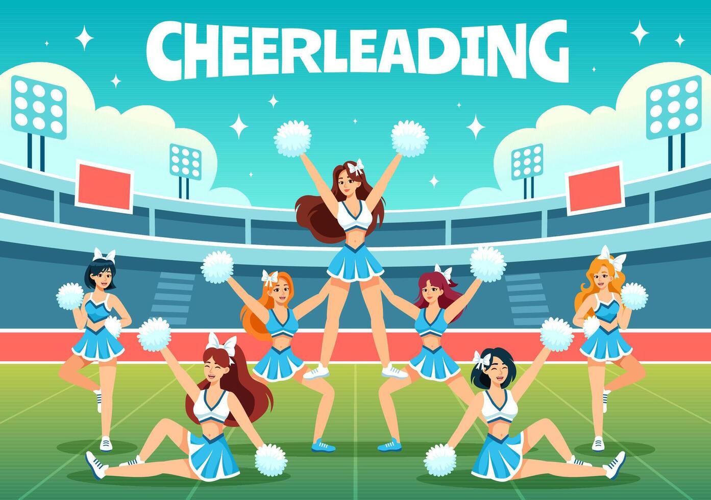 cheerleader ragazza illustrazione con cheerleading pom poms di danza e salto per supporto squadra sport durante concorrenza su piatto sfondo vettore