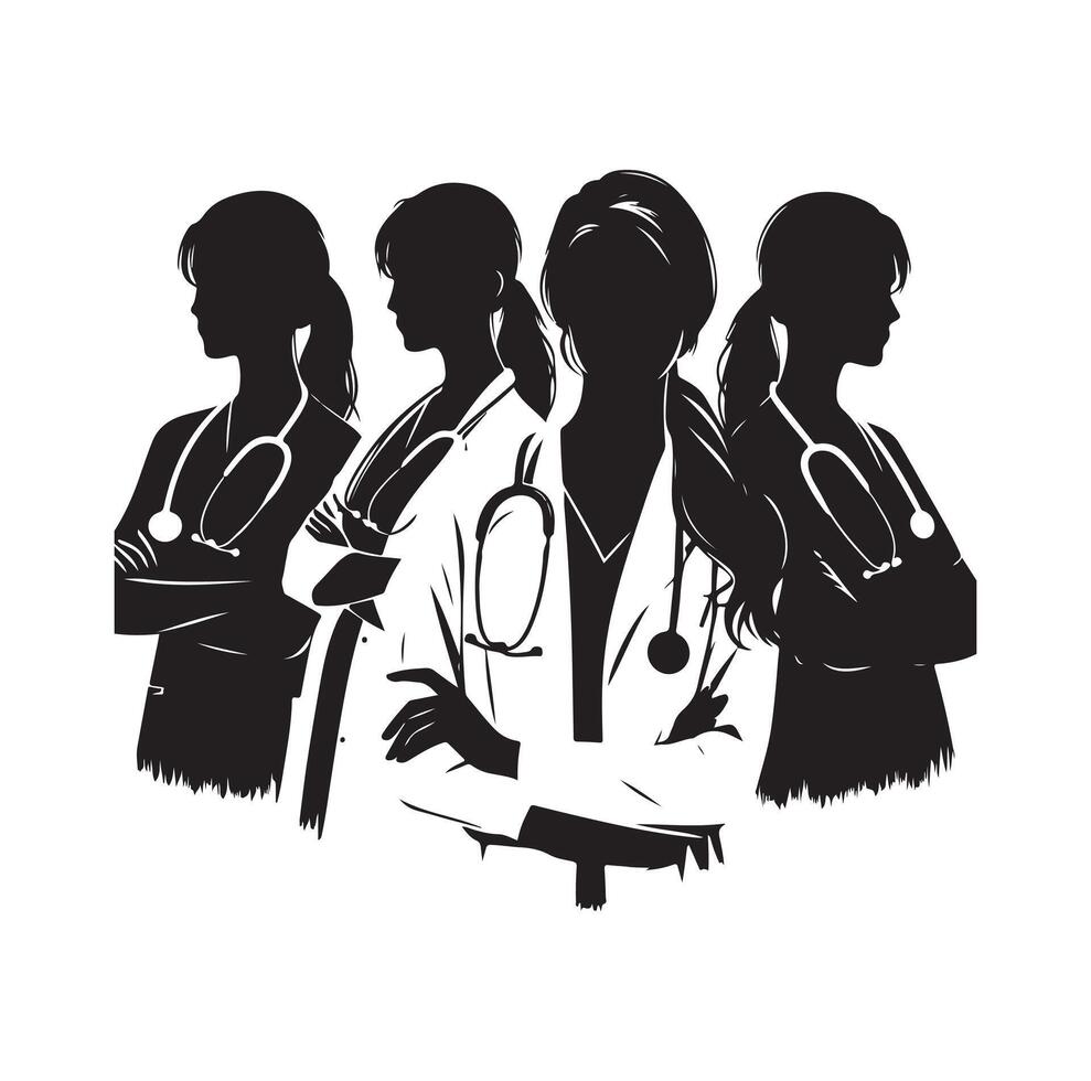 femmina medici silhouette illustrazione impostare. medici in piedi nel diverso posizione vettore