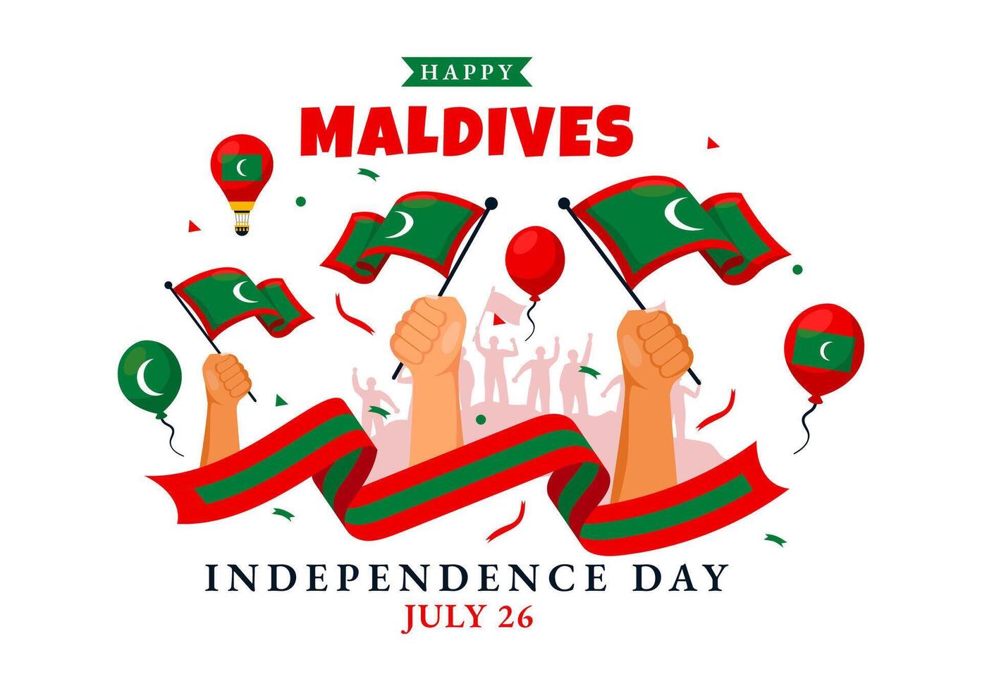 contento Maldive indipendenza giorno illustrazione su 26 luglio con Maldive ondulato bandiera e nastro nel piatto cartone animato sfondo design vettore