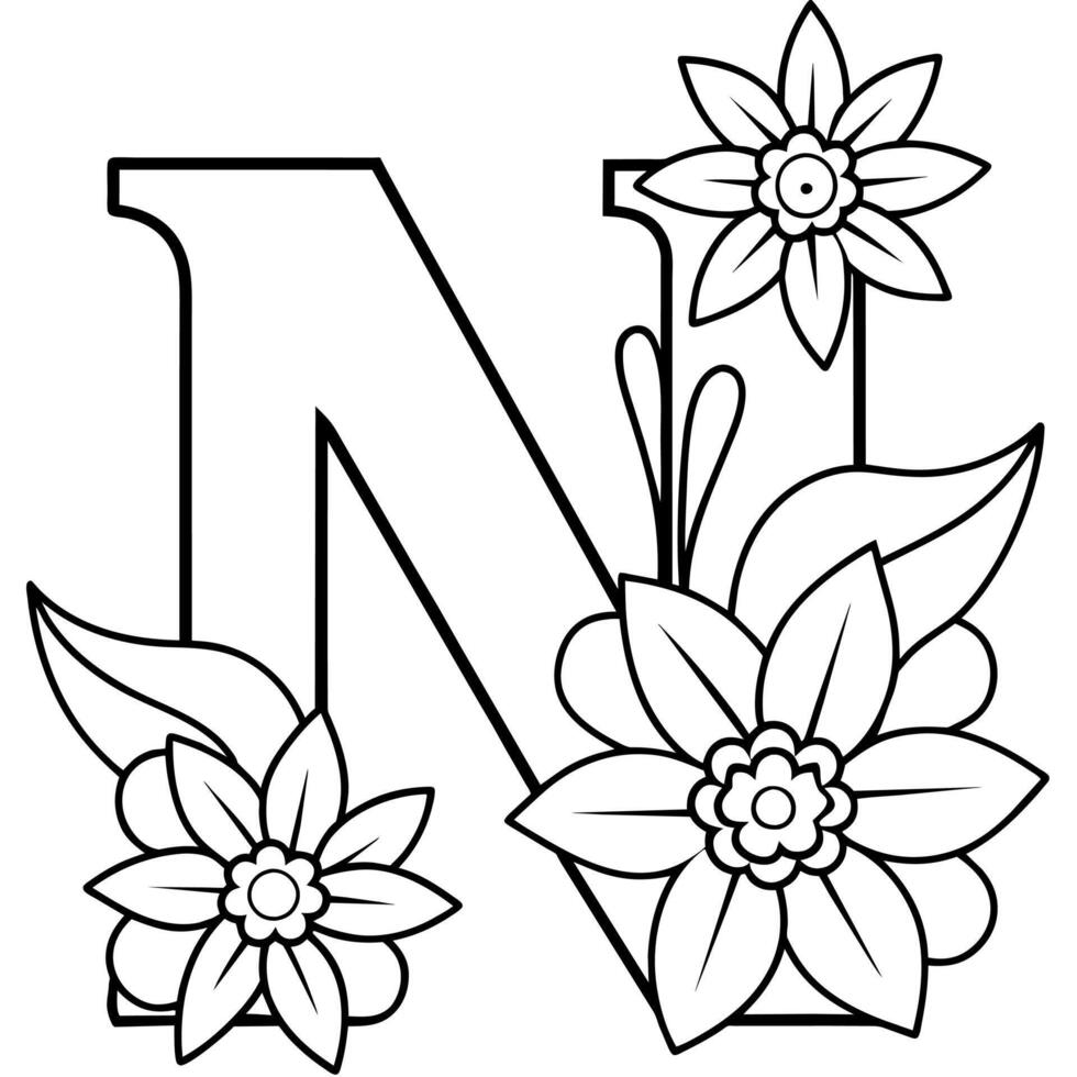 alfabeto n colorazione pagina con il fiore, n lettera digitale schema floreale colorazione pagina, abc colorazione pagina vettore