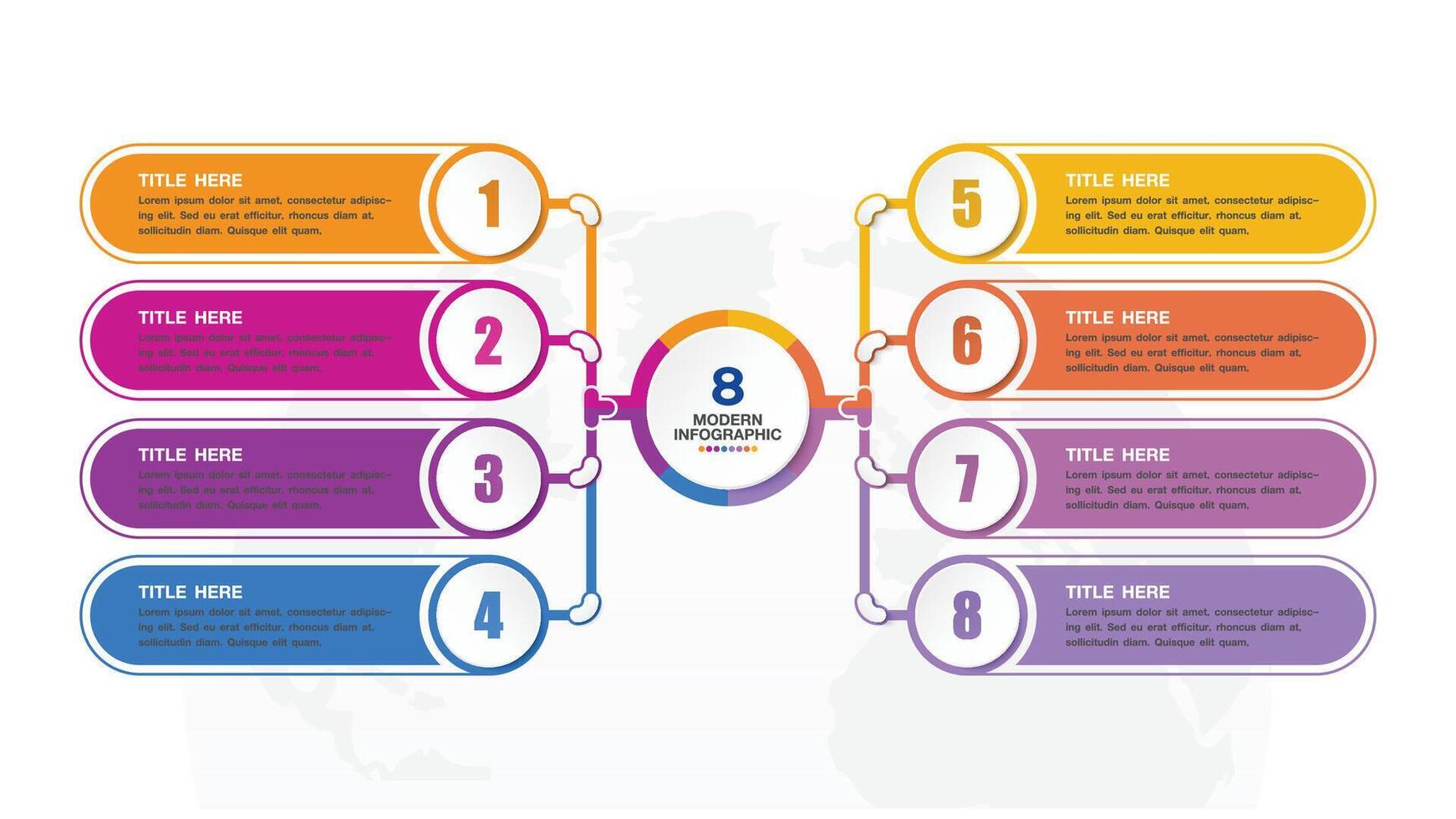 Infografica processi design con icone e 8 opzioni o passi. vettore