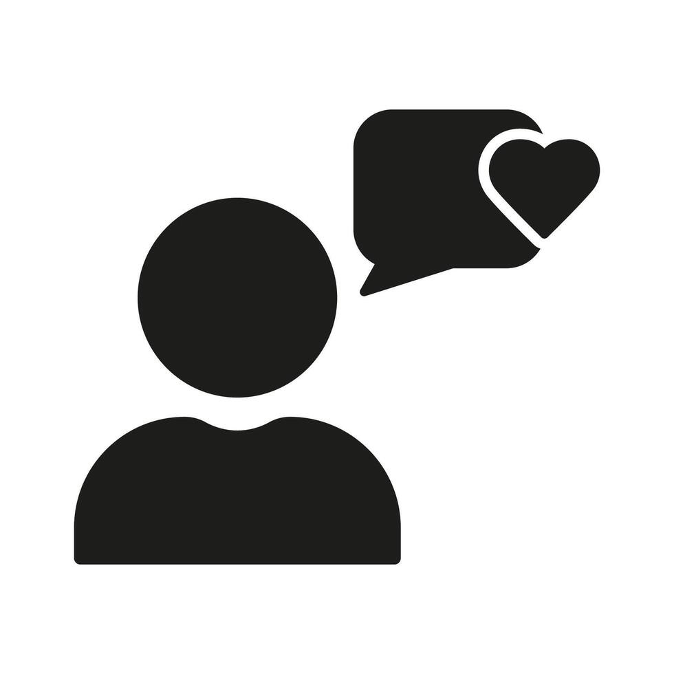 consumatore valutazione silhouette icona. cliente lealtà glifo pittogramma. utente risposta solido cartello. persona con discorso bolla e cuore forma, servizio valutazione simbolo. isolato illustrazione vettore