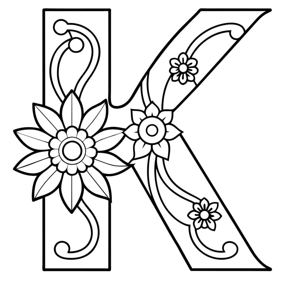 alfabeto K colorazione pagina con il fiore, K lettera digitale schema floreale colorazione pagina, abc colorazione pagina vettore