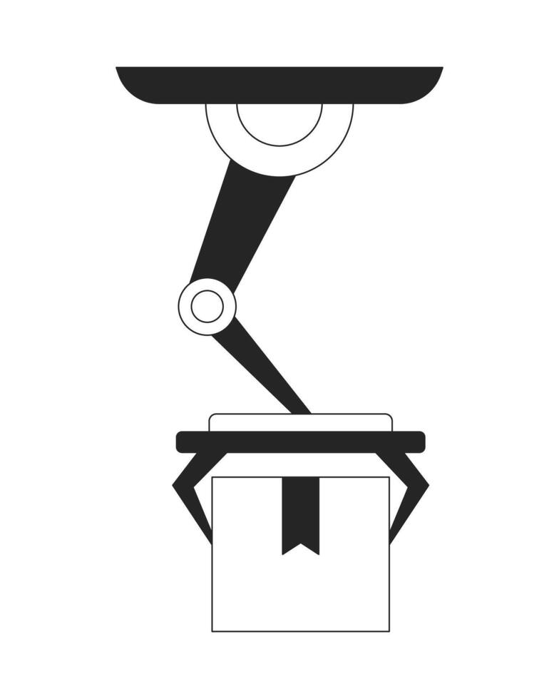 robotica braccio Tenere pacchetto nero e bianca 2d linea cartone animato oggetto. artificiale intelligenza produzione isolato schema elemento. robotica industriale consegna monocromatico piatto individuare illustrazione vettore
