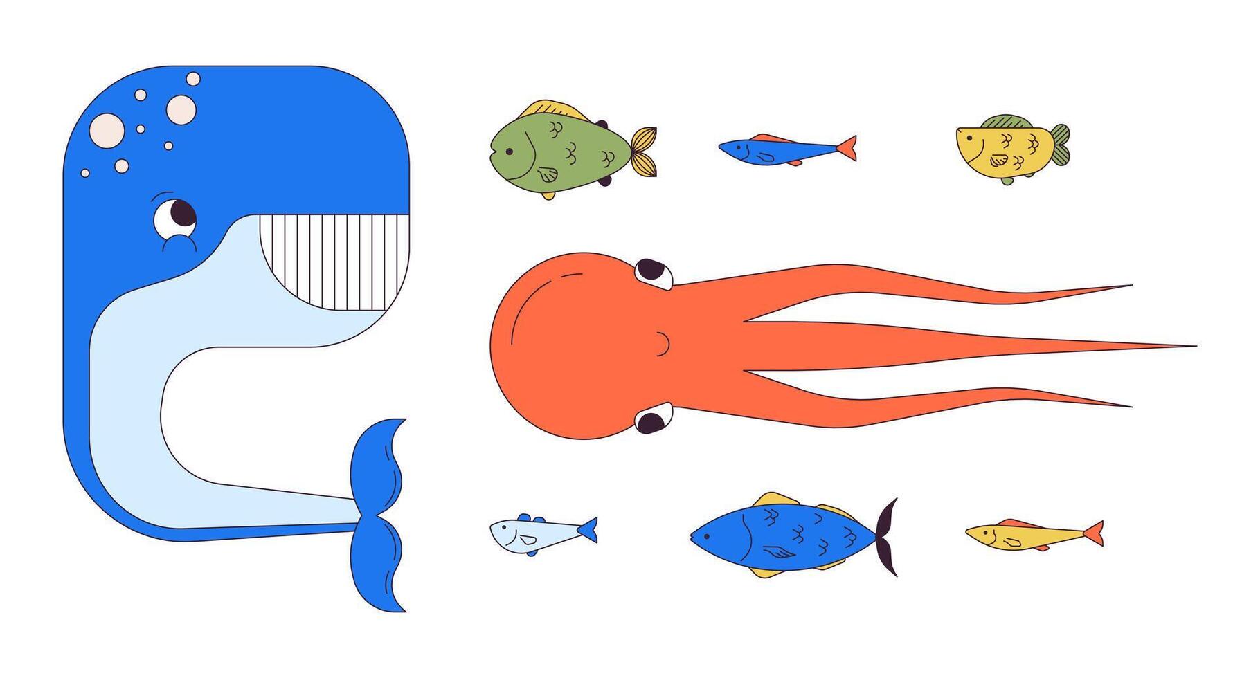 in profondità mare creature 2d lineare cartone animato personaggi impostare. acqua salata ecosistema habitat isolato linea personaggi bianca sfondo. natura ricercando colore piatto individuare illustrazioni collezione vettore