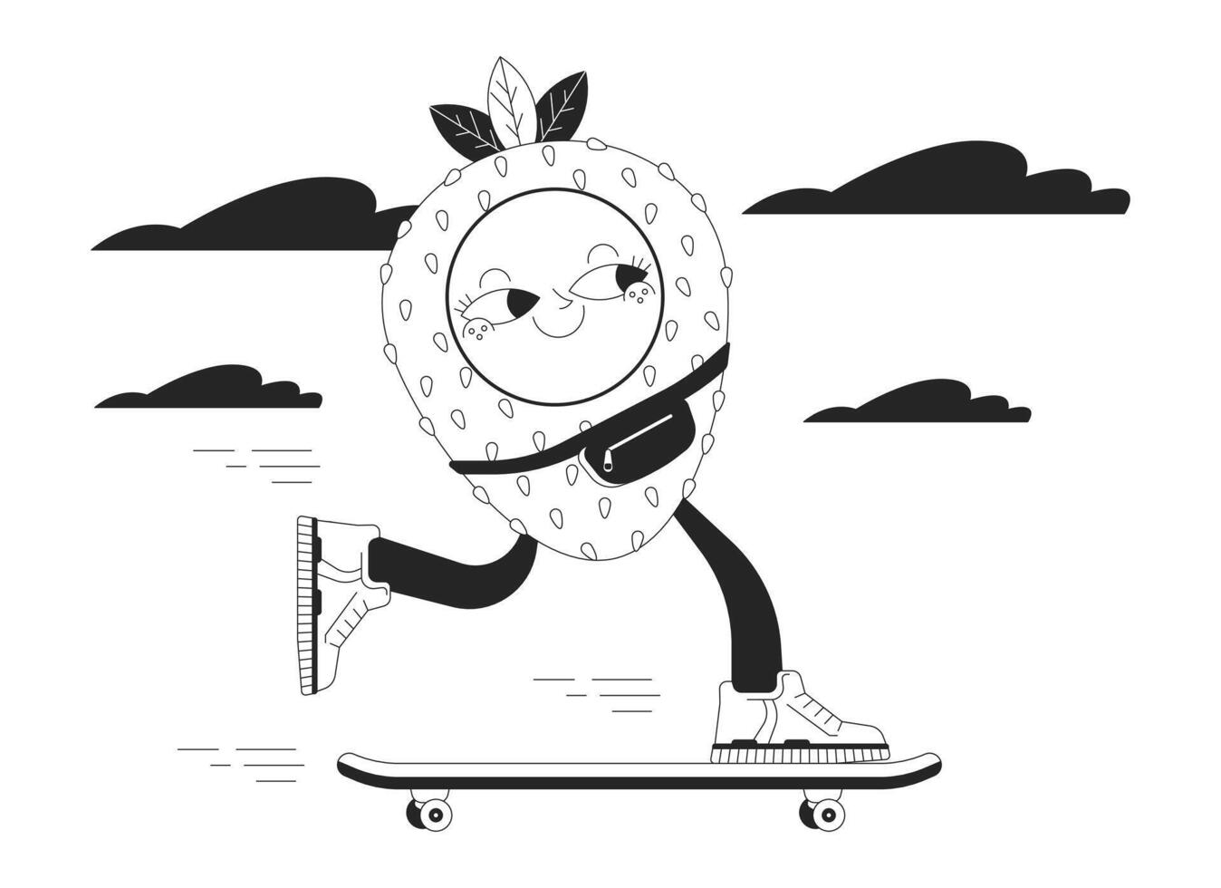 fragola skateboard nero e bianca 2d illustrazione concetto. retrò Groovy cartone animato schema personaggio isolato su bianca. carino geometrico figura skateboarder adolescenziale ragazzo metafora monocromatico arte vettore