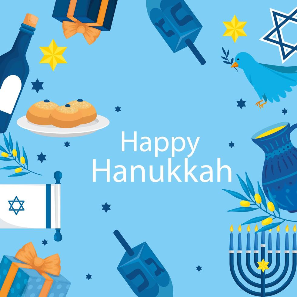 felice hanukkah con cornice di icone vettore