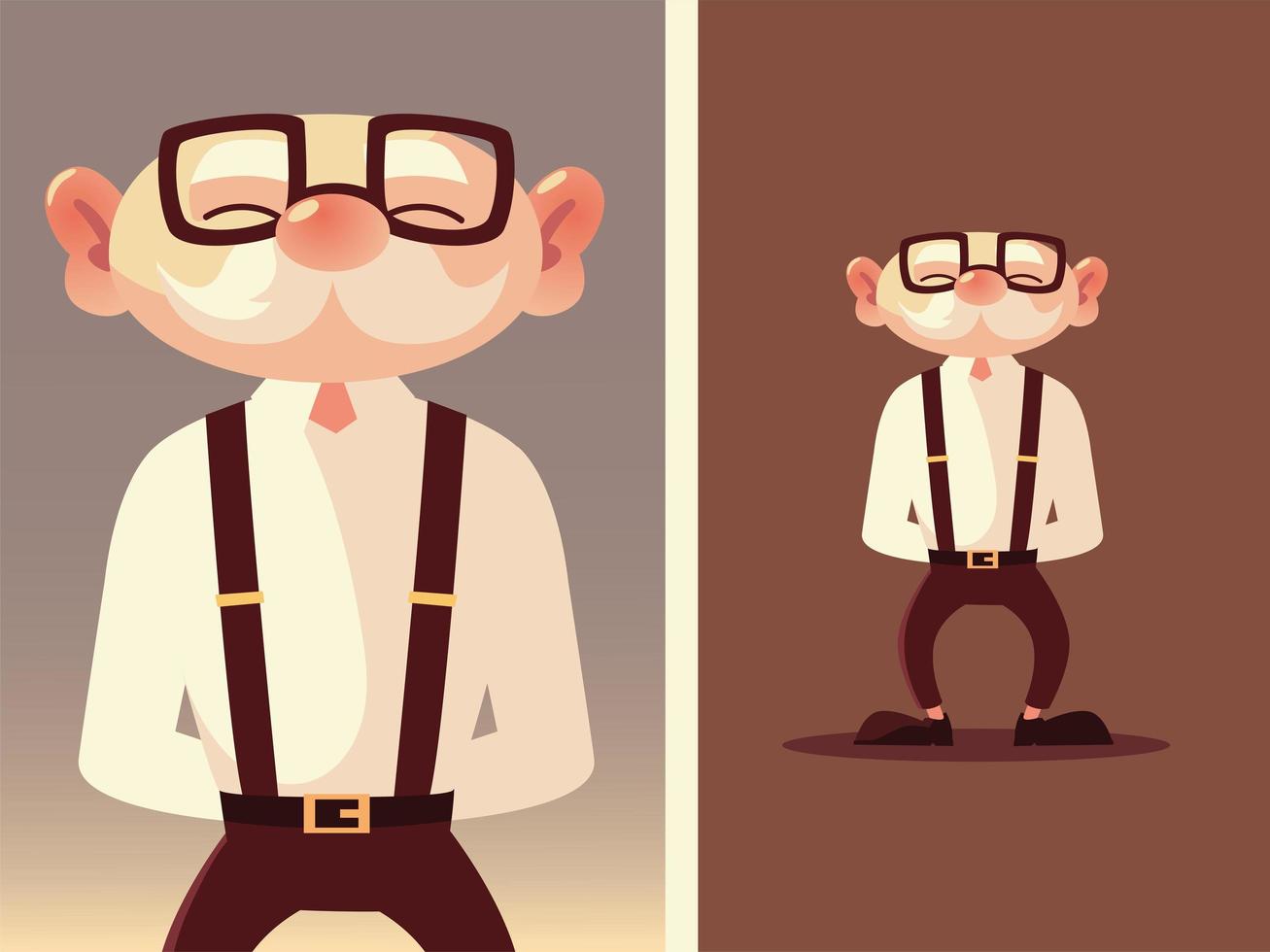 simpatico cartone animato anziano con occhiali e bretelle vettore