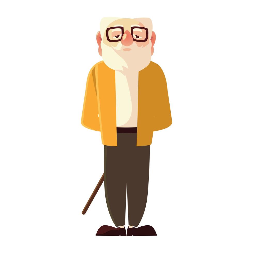 vecchio con bastone da passeggio e occhiali, nonno personaggio dei cartoni animati senior vettore