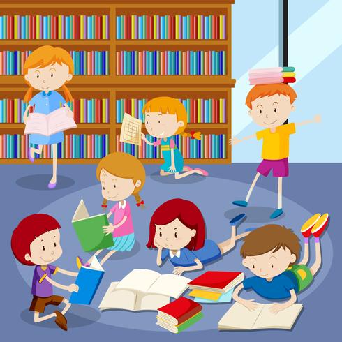 Molti studenti che leggono libri in biblioteca vettore