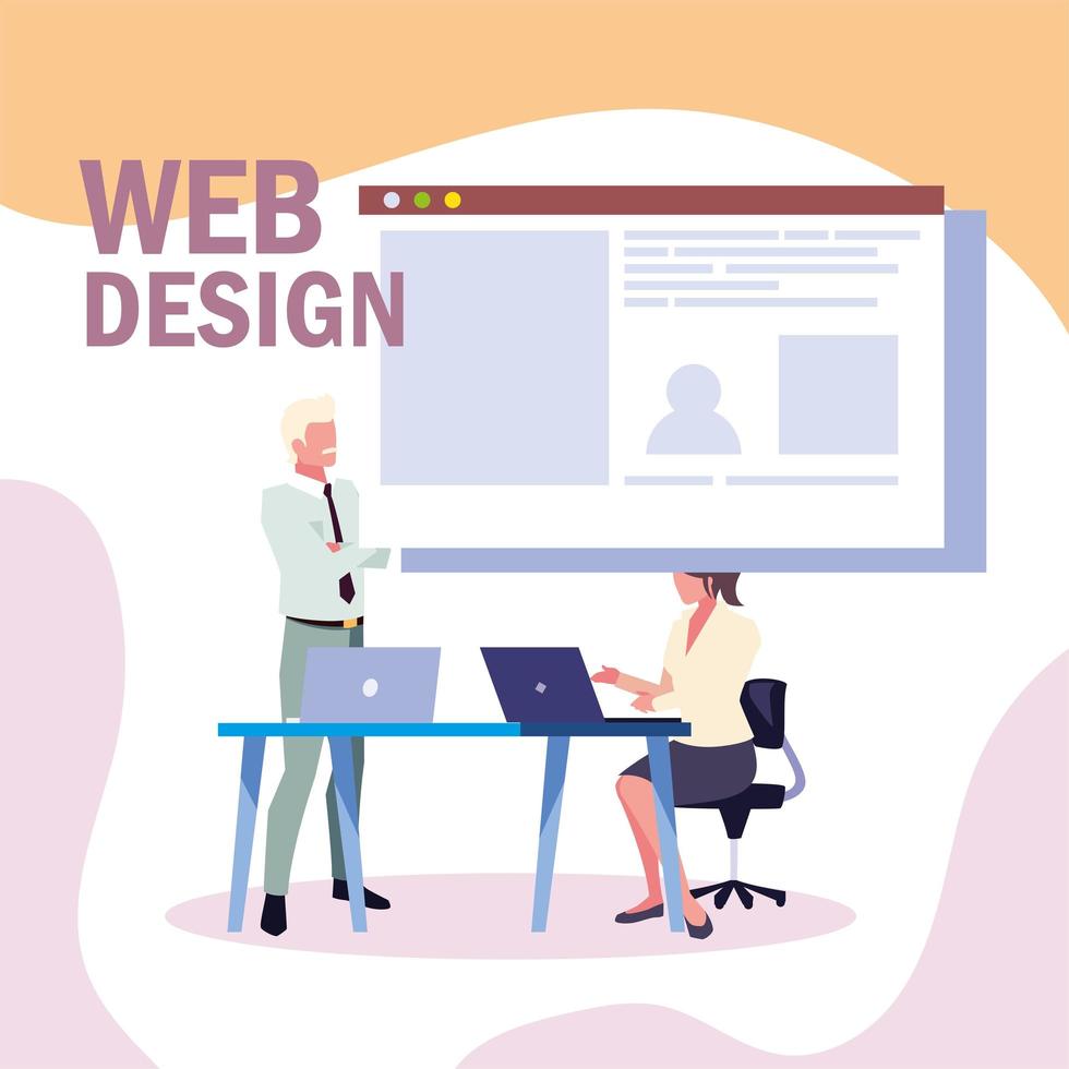 coppia di persone d'affari in riunione sulla pianificazione globale e ricerche di marketing, web design vettore