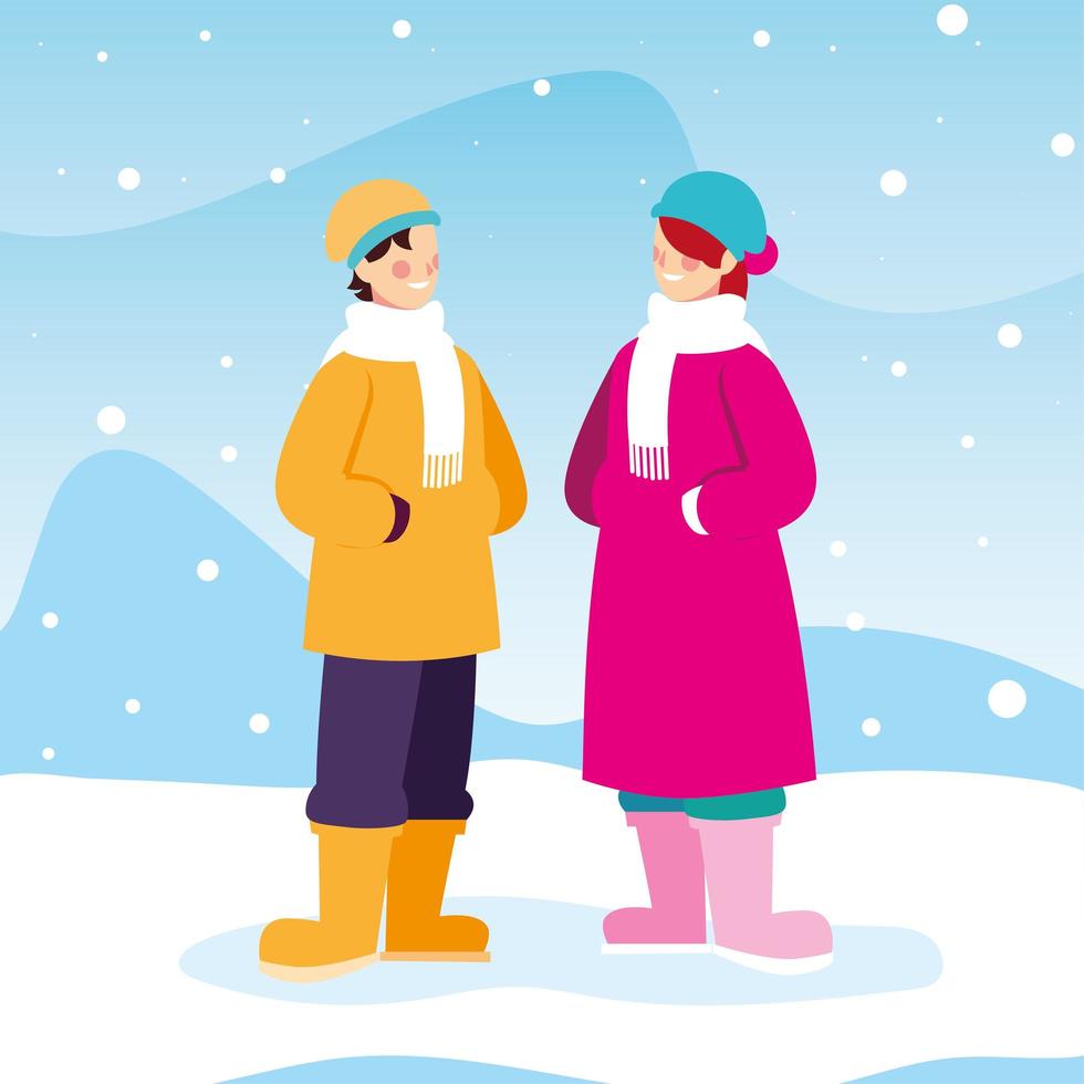 coppia di persone con abiti invernali in un paesaggio con nevicate vettore