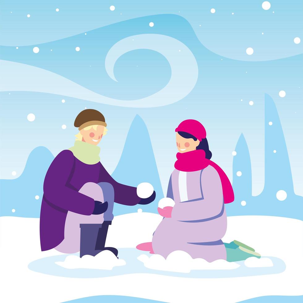 coppia di persone con abiti invernali in un paesaggio con nevicate vettore