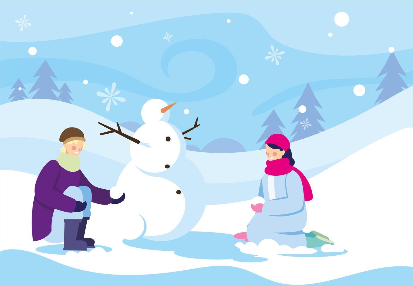 coppia di persone con pupazzo di neve nel paesaggio invernale vettore