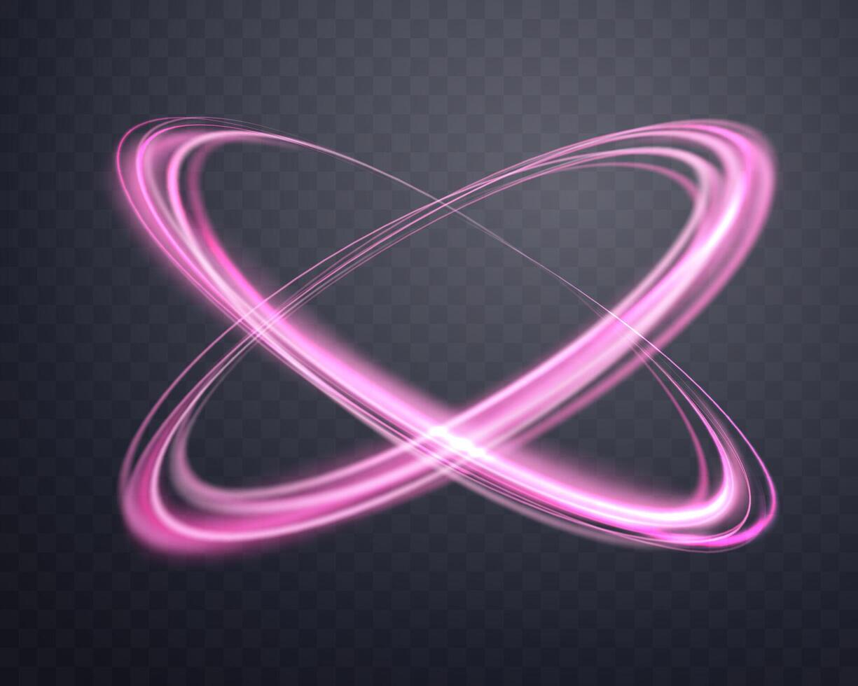 raggiante rosa Magia anelli. dinamico orbitale bagliore alone squillo. neon realistico energia swoosh vortice. astratto leggero effetto su un' buio sfondo. vettore