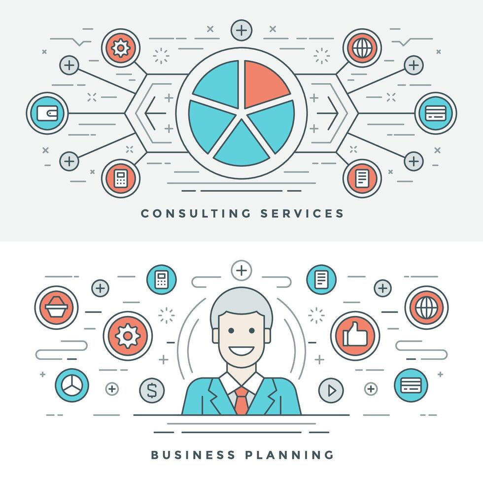 piatto linea attività commerciale pianificazione e consulenza. illustrazione. vettore