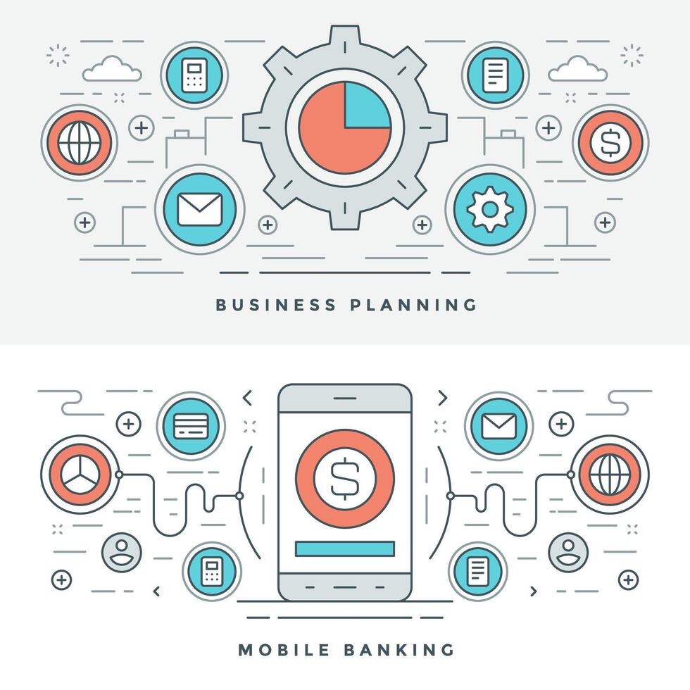 piatto linea attività commerciale pianificazione e bancario. illustrazione. moderno magro lineare ictus icone. vettore