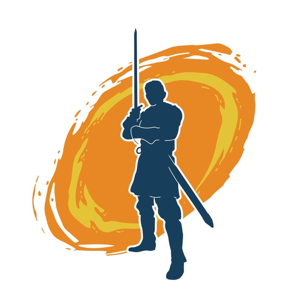 silhouette di un' maschio guerriero indossare guerra armatura completo da uomo nel azione posa utilizzando un' spada arma. vettore