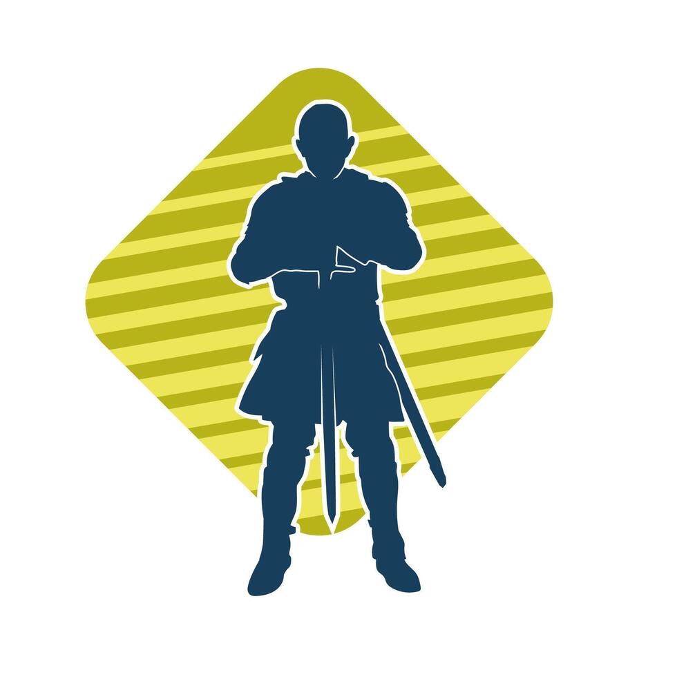 silhouette di un' maschio guerriero indossare guerra armatura completo da uomo nel azione posa utilizzando un' spada arma. vettore