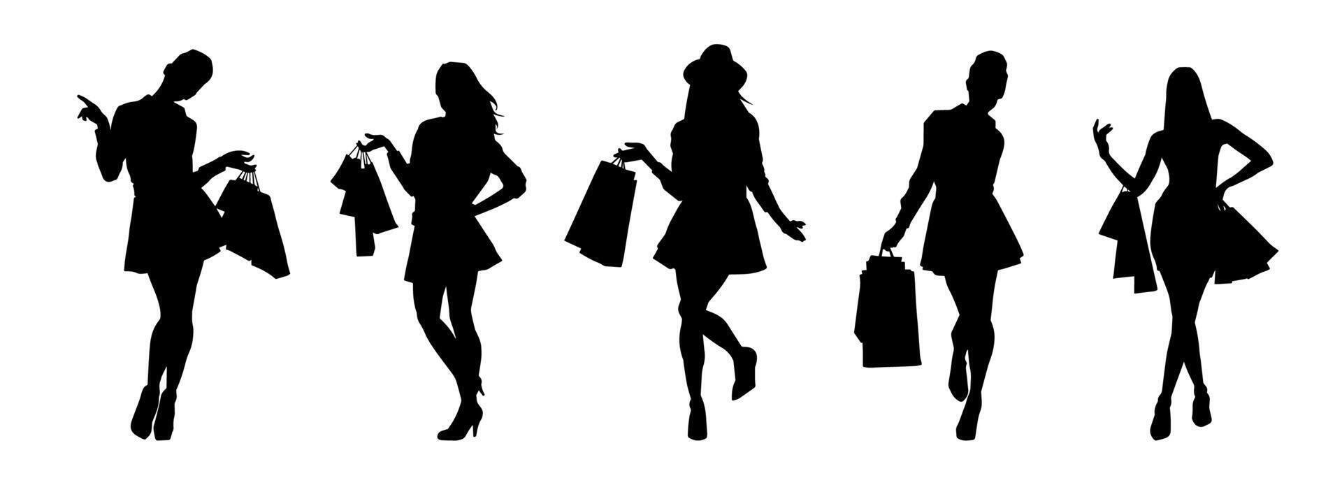 silhouette collezione di sottile giovane donna trasporto shopping borse. vettore