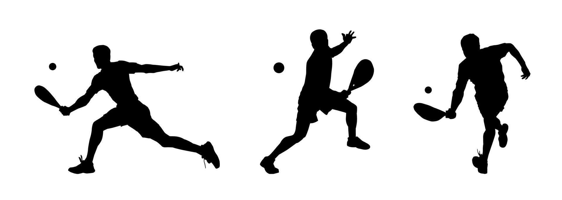 silhouette gruppo di maschio tennis Giocatori nel azione posa trasporto racchetta vettore