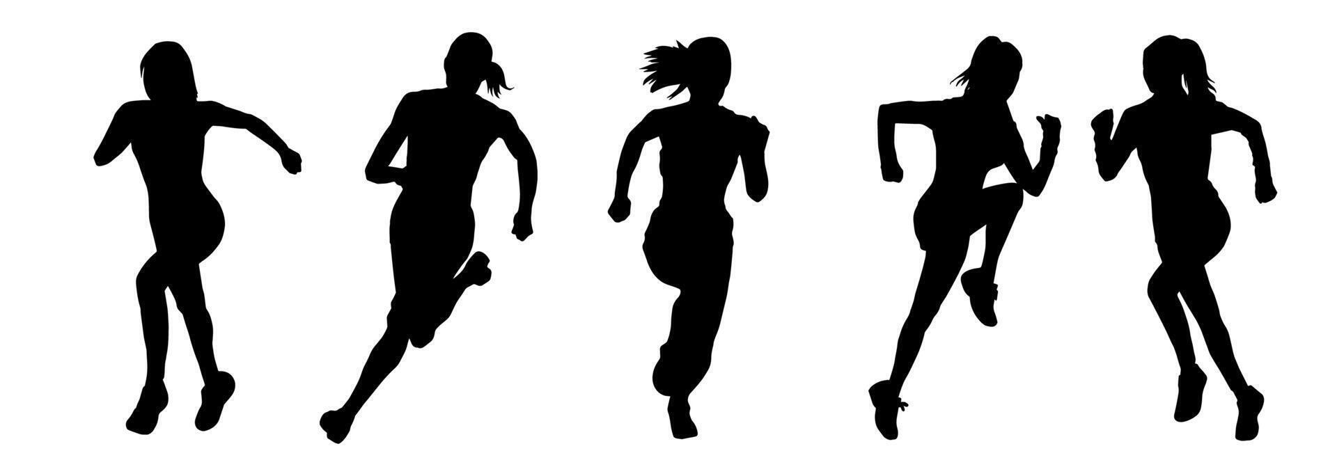 silhouette collezione di donne in esecuzione posa. silhouette di sportivo femmine nel in esecuzione posa. vettore