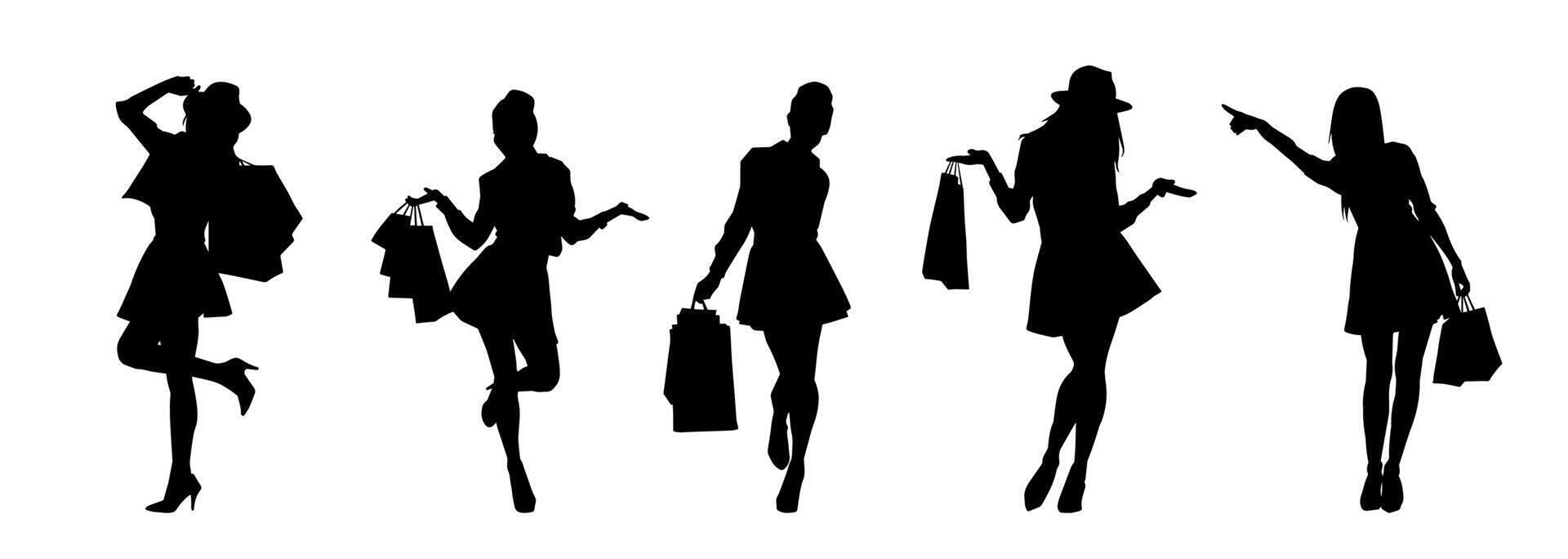 silhouette collezione di sottile giovane donna trasporto shopping borse. vettore