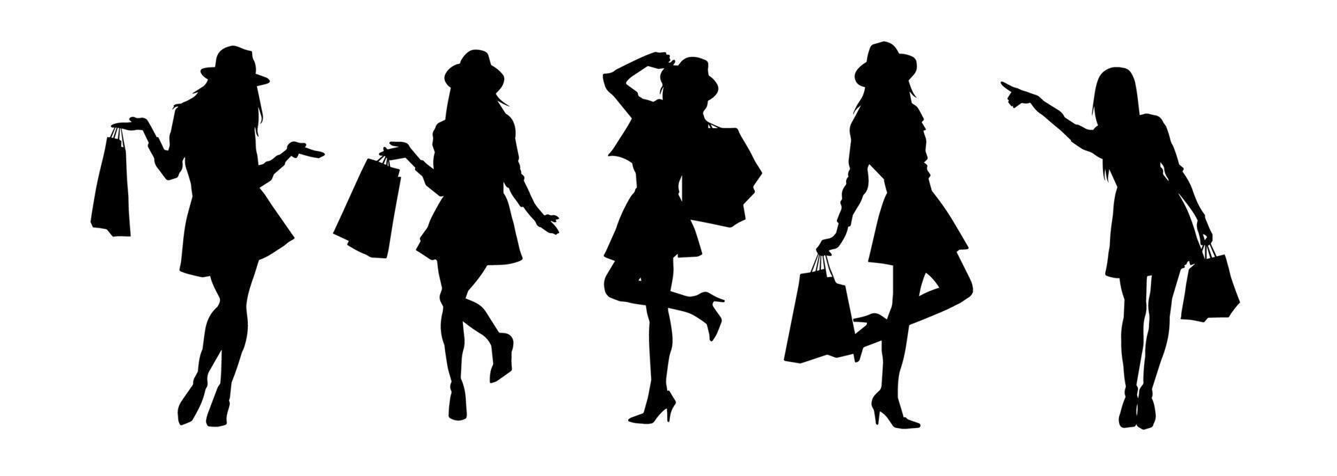 silhouette collezione di sottile giovane donna trasporto shopping borse. vettore