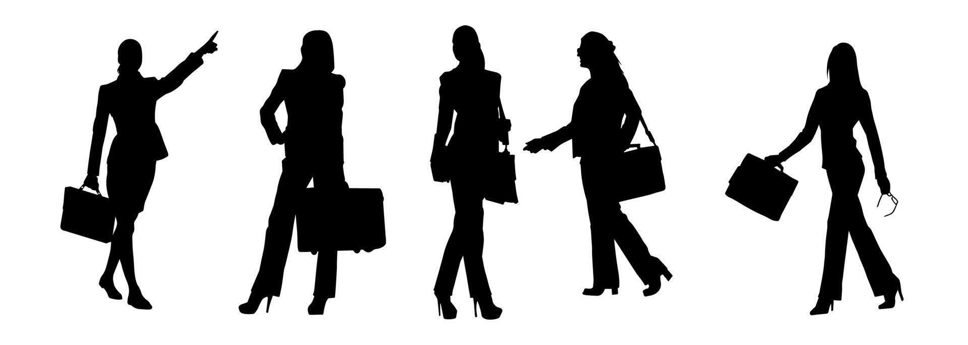 silhouette collezione di attività commerciale donna trasporto ventiquattrore nel espressive posa vettore
