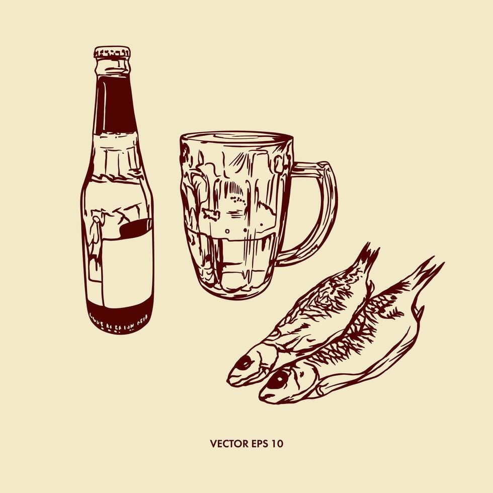 birra, bottiglia, bicchiere calice con maneggiare, secco pesce. illustrazione nel grafico stile. design di menu, vino e birra carte, etichette, striscioni, volantini. vettore