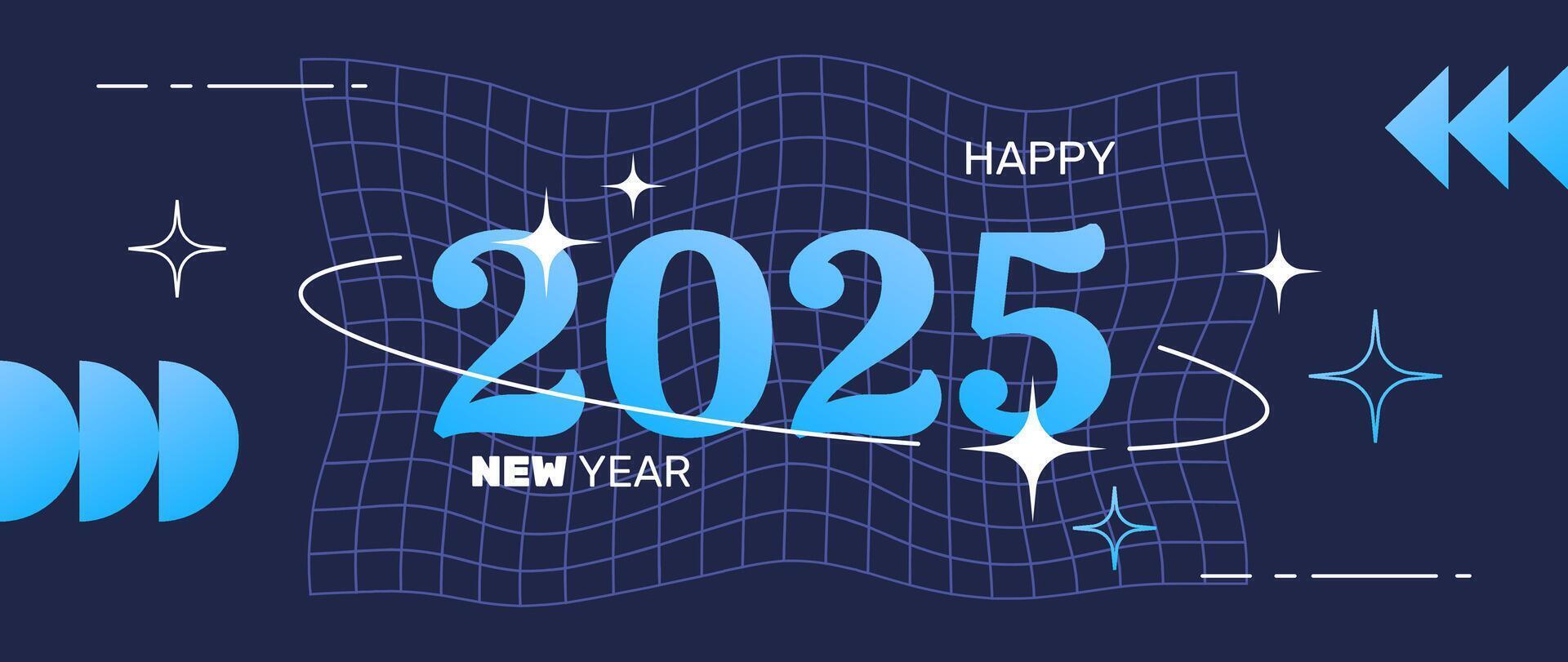 nuovo 2025 anno cartolina nel un' retrò y2k estetico, festa striscione, saluto, invito, arte con grafico forme, montatura e stelle. vettore