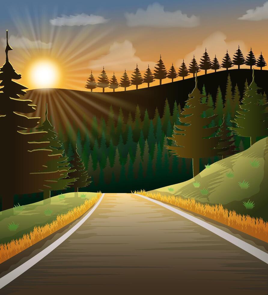 paesaggio asfalto auto strada nel natura tra montagne colline e alberi azione illustrazione vettore