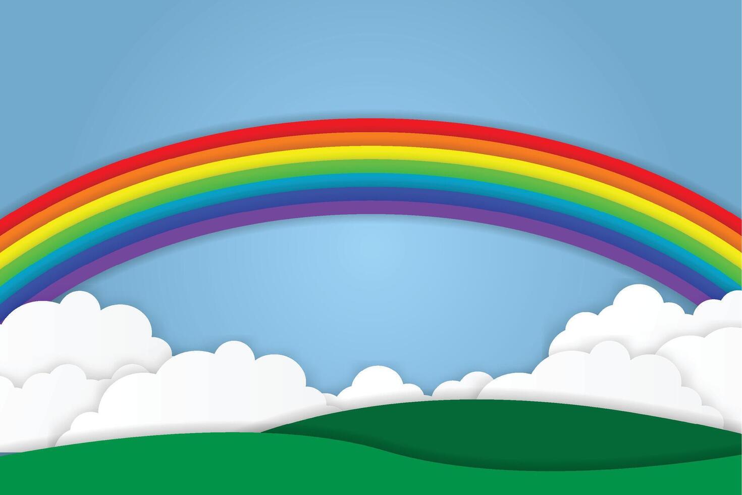 arcobaleno nuvole e prati con blu cielo sfondo carta arte tagliare stile. illustrazione vettore